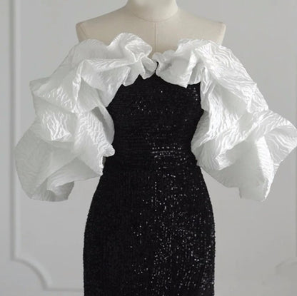 DOLLY Luxury Black Off Shoulder White Ruffle Chest Wrap Long Banquet Dress-NOLA