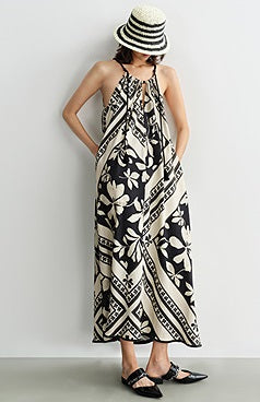 COMME MOI Lu Yan designer's black and white printed shirred dress - OAKLEY.