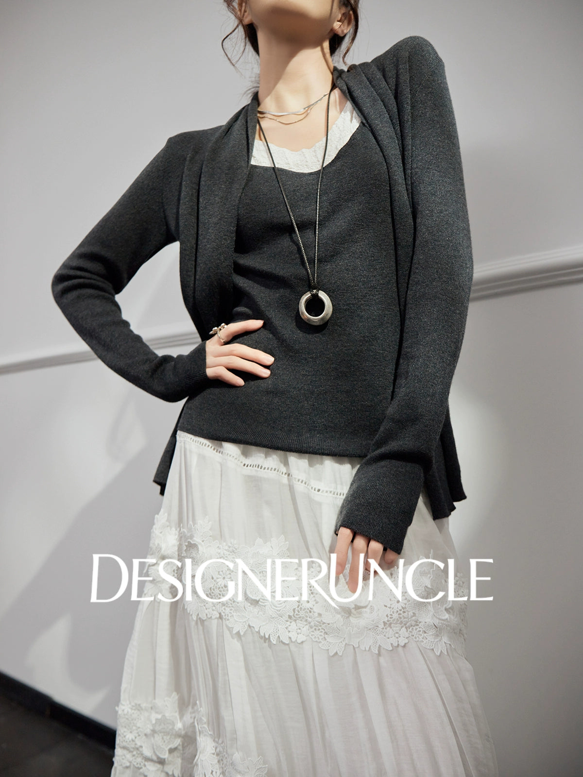 DGU "Moqin" dark flower gray jacket new lazy style design loose cardigan - Avery.