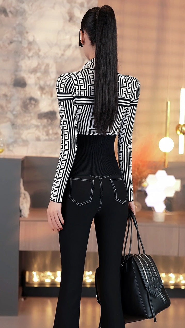 VJE Black and White Pattern Jacquard Turtleneck Top Sweater-LISDAY.