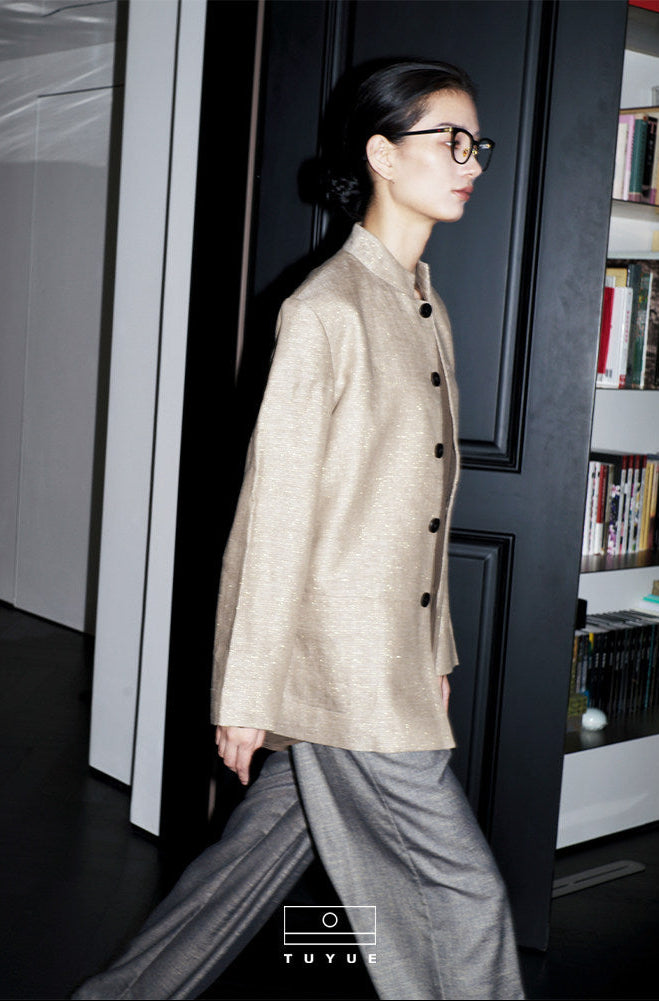 TUYUE Chinese style stand-up collar flap jacket linen casual suit- ARIANA.