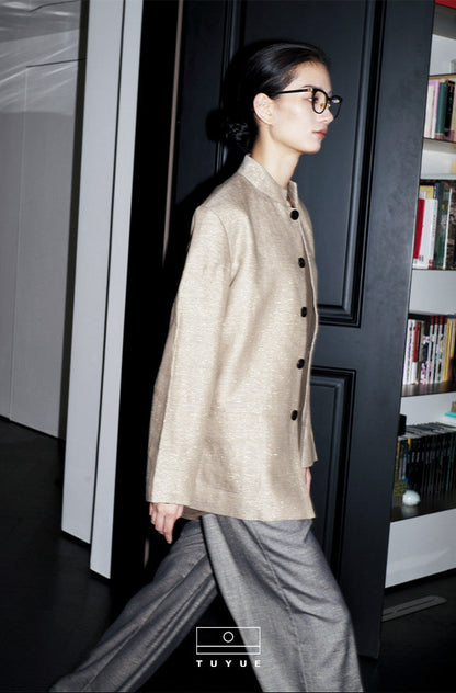 TUYUE Chinese style stand-up collar flap jacket linen casual suit- ARIANA.