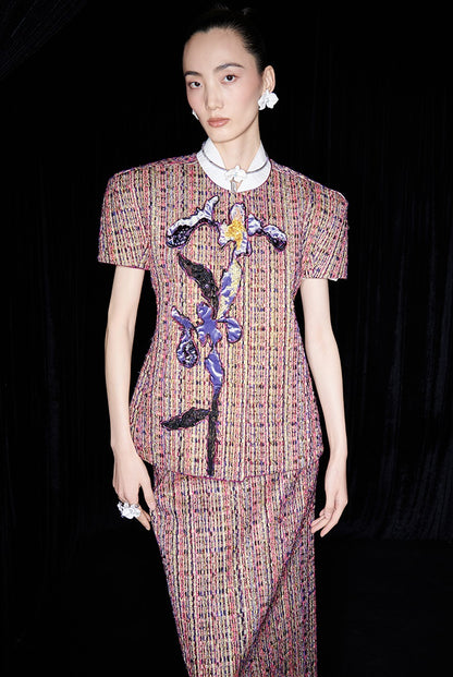 M essential Ma Kai designer kneaded gold coarse spinning iris stacked embroidery slim top - LIVING.