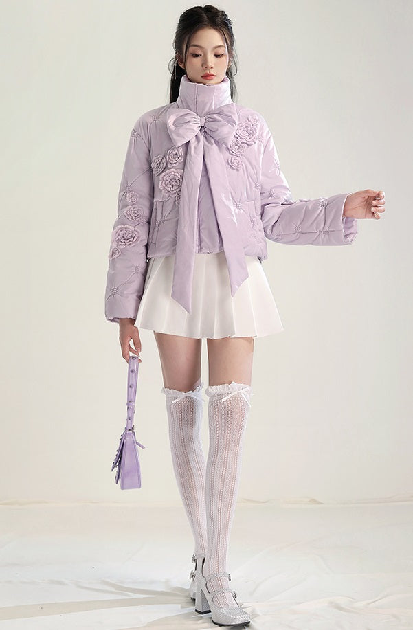 CHECOCRE Chic Gentle Romantic Style Purple Bow Cotton Jacket  - INTERPHASE