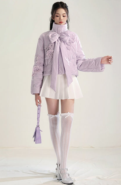 CHECOCRE Chic Gentle Romantic Style Purple Bow Cotton Jacket  - INTERPHASE