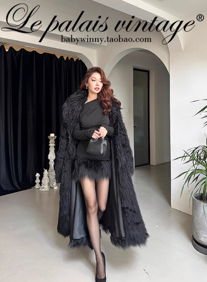 Le Palais Vintage Luxury Plain Black High Waist Hip Fur Rim Short Cocktail Skirt-Avery.