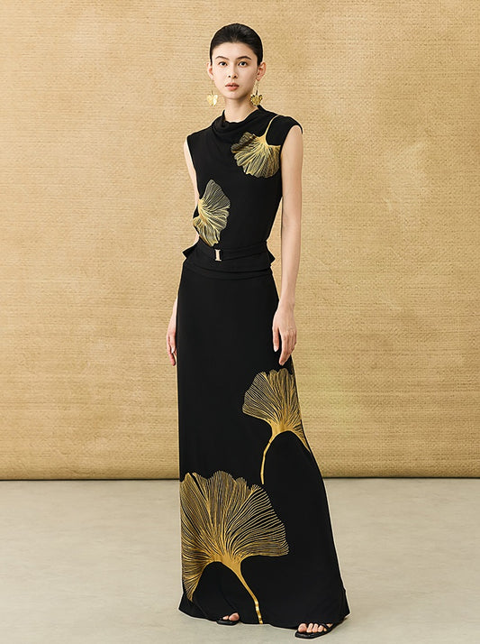 HECO Chinese Style Elegant Swing Neck Sleeveless Ginkgo Biloba Print T-Shirt - BOBA.