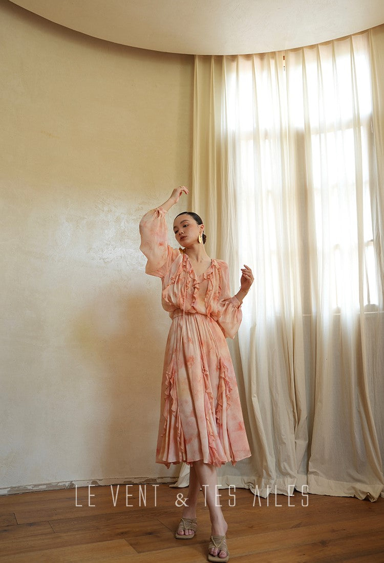 LE VENT& TES AILES Spring summer elegant multicolor silk smudged floral shirt skirt-ENE