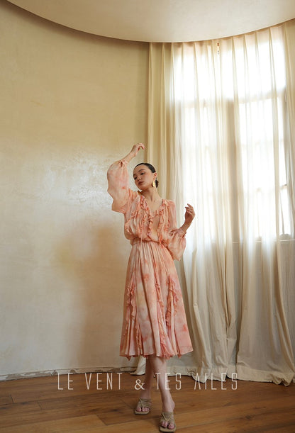 LE VENT& TES AILES Spring summer elegant multicolor silk smudged floral shirt skirt-ENE