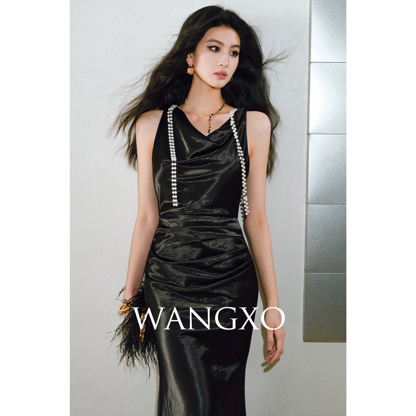 WANGXO |Detachable Pearl Pendant Swing Neck Waist Fishtail Dress -NOYA