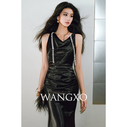 WANGXO |Detachable Pearl Pendant Swing Neck Waist Fishtail Dress -NOYA