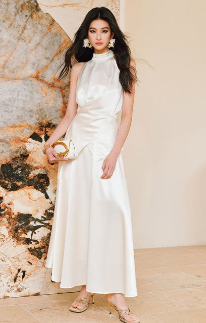 WANGXO | Pearl Lustrous Luxury Gilt Satin  Halterneck Folded Waist Top & High-Waisted Umbrella Skirt Set - ARIA