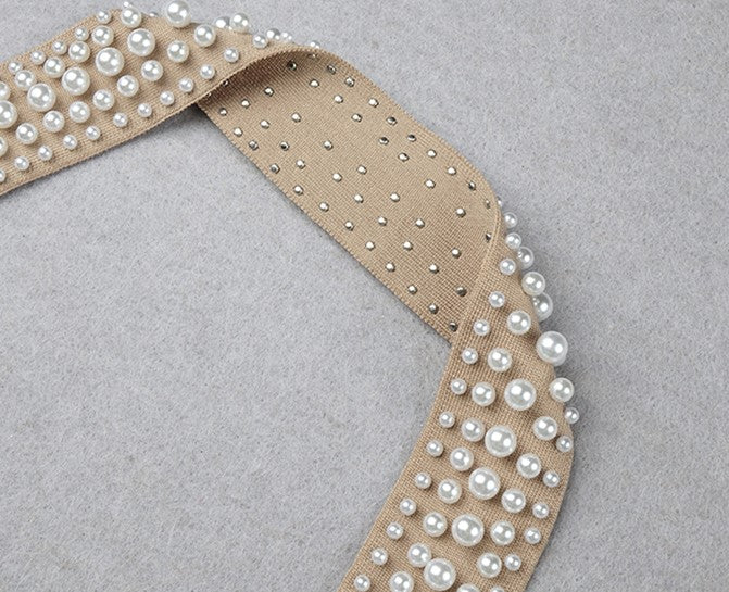 DOLLY High End V-Neck Sleeveless Halter Neck Pearl Body Hug Long Party Dress-CHARMAINE