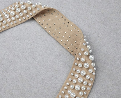 DOLLY High End V-Neck Sleeveless Halter Neck Pearl Body Hug Long Party Dress-CHARMAINE