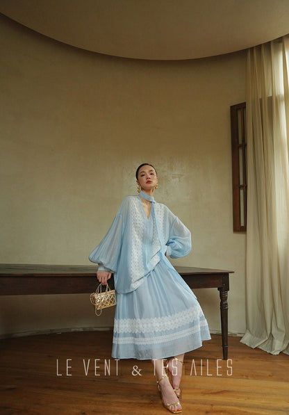 LE VENT&TES AILES pastel blue elegant summer vacation  V-neck shirt skirt set -GWEN