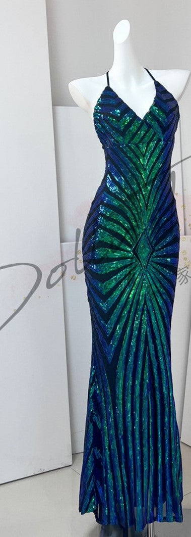 DOLLY Elegant Green Sleeveless Cross Backless Body Hug Long Sequin Dress-ENYA