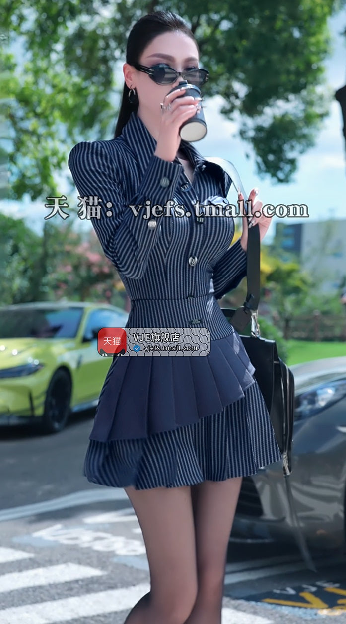 VJE Striped Shirt Pleated Short Skirt Two-Piece Suit Set - PAPA.