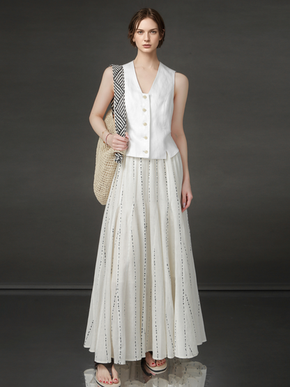 PIAOIN French dotted stripe micro fishtail skirt women's Tencel linen texture A-line skirt-CELESTE