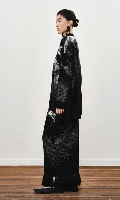 ZHUCHONGYUN winter fringed wool jacquard knit long skirt--MINATO.