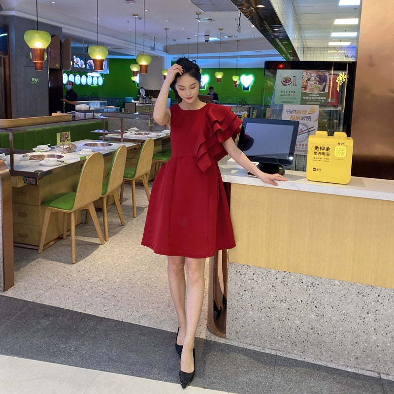 DOLLY Luxury Retro Style Crew Neck One Shoulder Ruffle Sleeves Midi Office Dress-CLAUDI