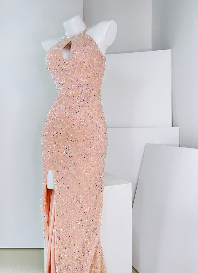 DOLLY Elegant Sleeveless Sequin Halter High Waist Fish Tail Evening Dress-BECCA