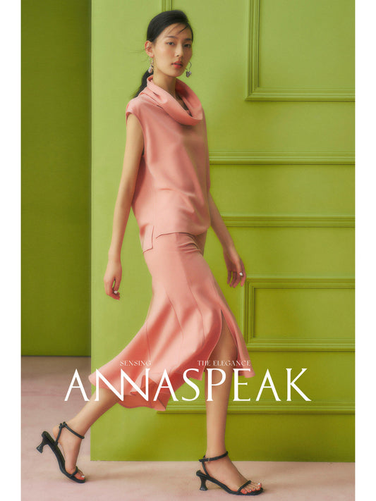 AnnaSpeak Luxury Plain Pile Collar Sleeveless Loose Top/ Straight Loose Skirt-Elly