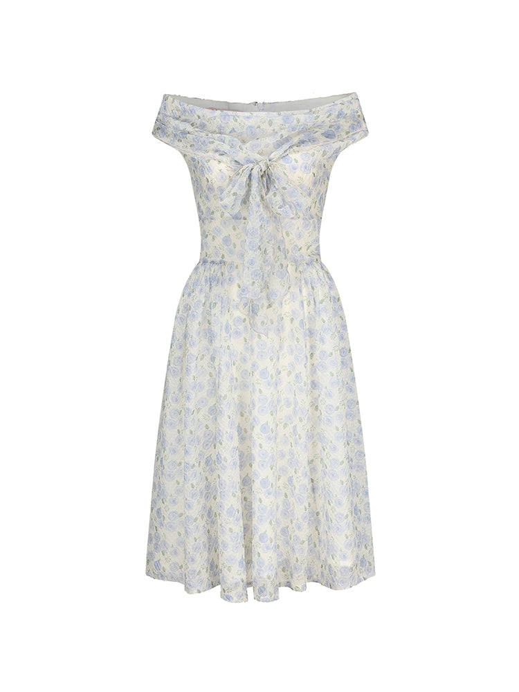 Le Palais Vintage elegant blue floral shawl collar chiffon dress-DIDI