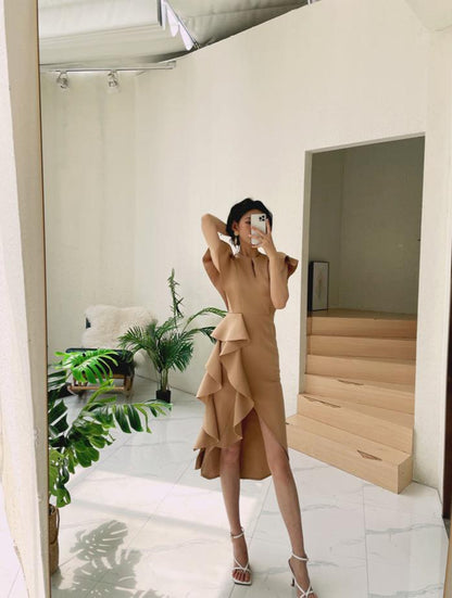 DOLLY Luxury V-Neck Short Sleeve High waist Slim Fit Irregular Hem Date Dress-LISA