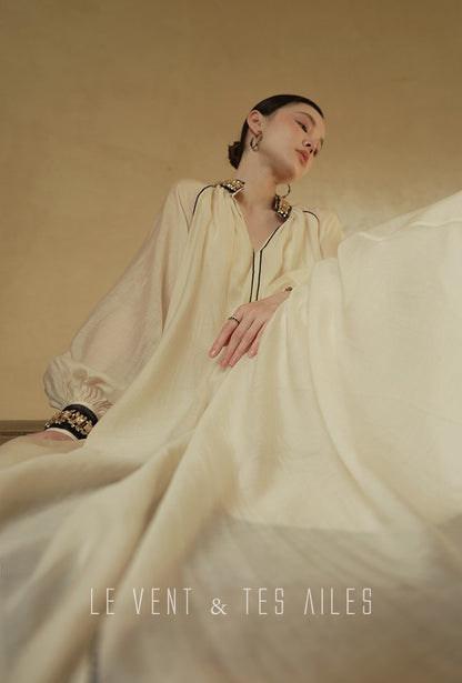 LE VENT&TES AILES retro Crystal embellished Premium Silhouette Tencel Beaded vacation Dress-YUTA