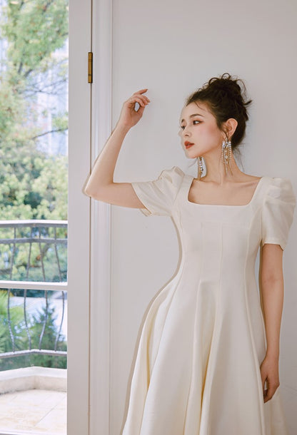 DOLLY Elegant Retro Square Neck Short Puff Sleeve Satin Long A-Line Dress-BAMBI