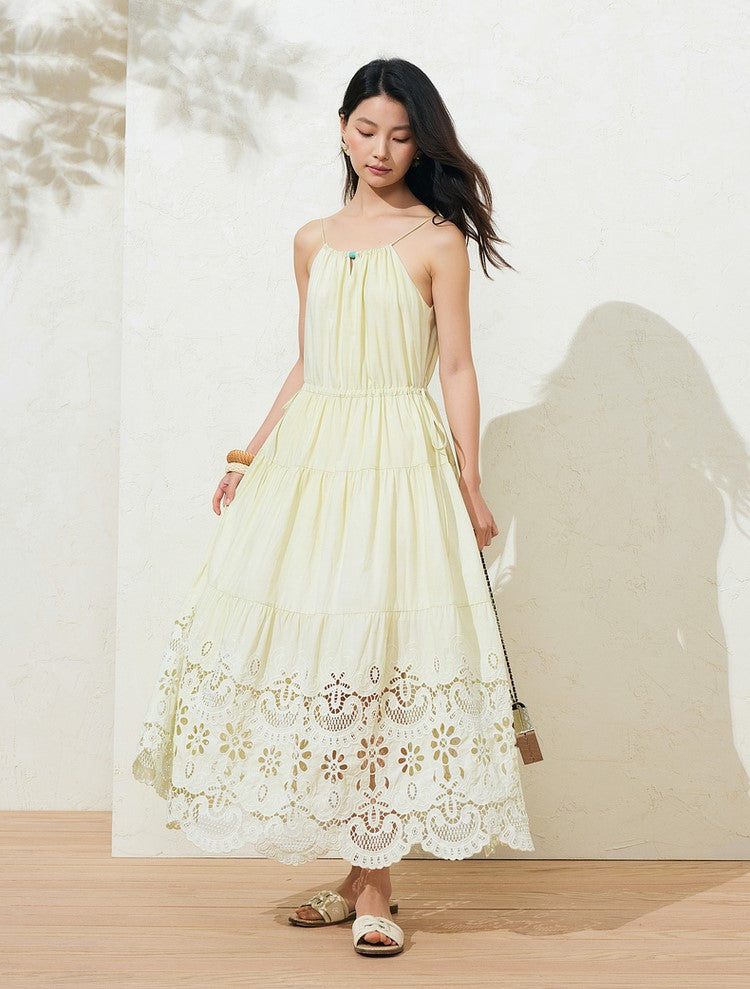 Sushe French Resort Quilted cotton embroidered lace loose A-line long slip dress-LUCY