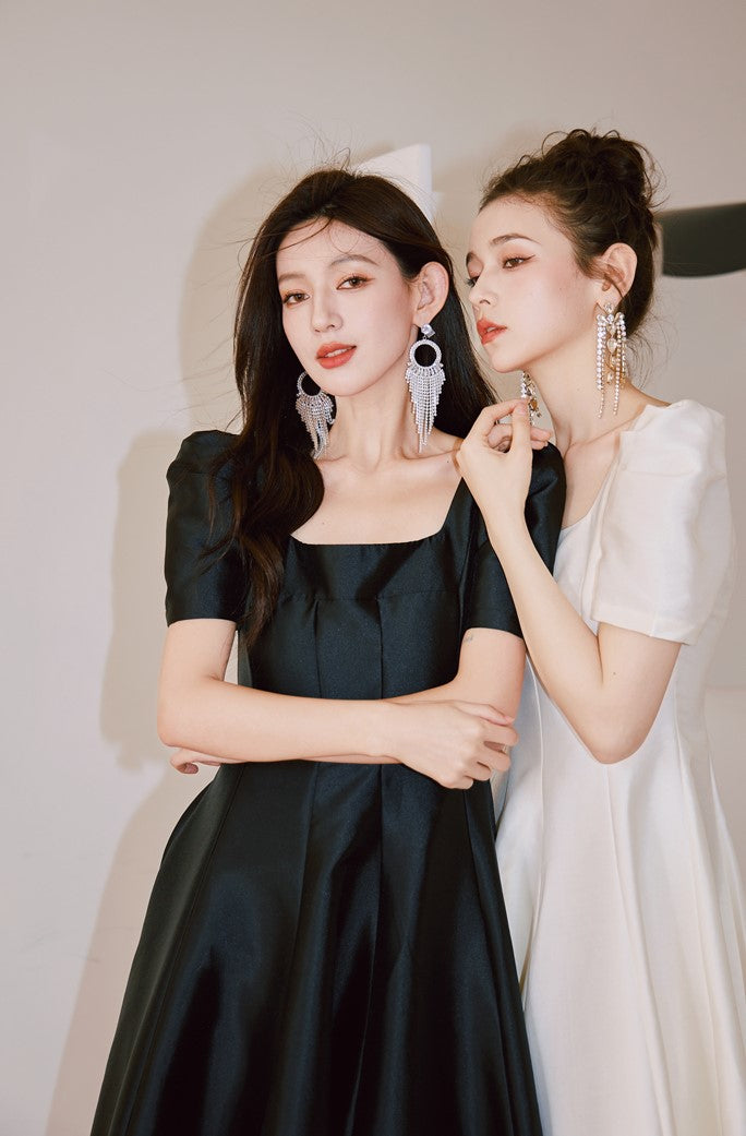 DOLLY Elegant Retro Square Neck Short Puff Sleeve Satin Long A-Line Dress-BAMBI