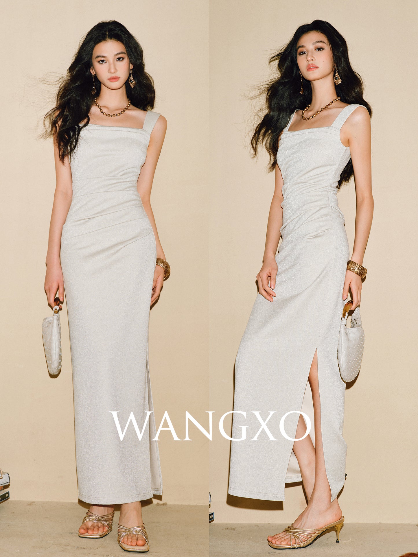 WANGXO | Shiny Silk Stretch Roman Knitwear Square Neck Hip Dress-MIRE.