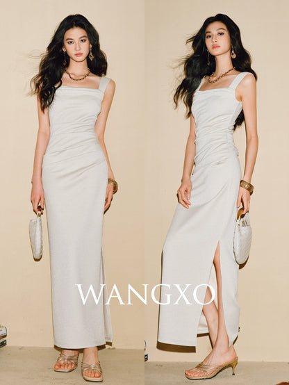 WANGXO | Shiny Silk Stretch Roman Knitwear Square Neck Hip Dress-MIRE.