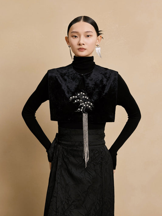 HECO embroidery tassel velvet short black yellow red purple shawl - RESQ.