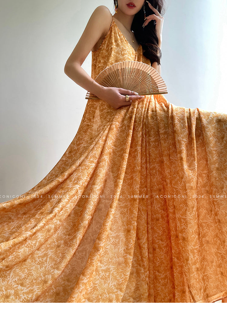 Aconiconi Elegant Orange Pearl V-Neck Sleeveless Loose Long vacation Dress- Ice Brew Orange S (XS-M wearable) / Orange
