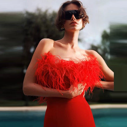 DOLLY Elegant Black Off Shoulder Feather Tube Top Long Slim Fit Dinner Dress-LILIAN