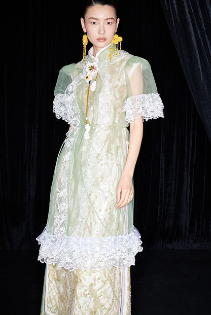 M essential Mackay designer Ear Mesh lace welt stand-up collar dress - DOUNT.