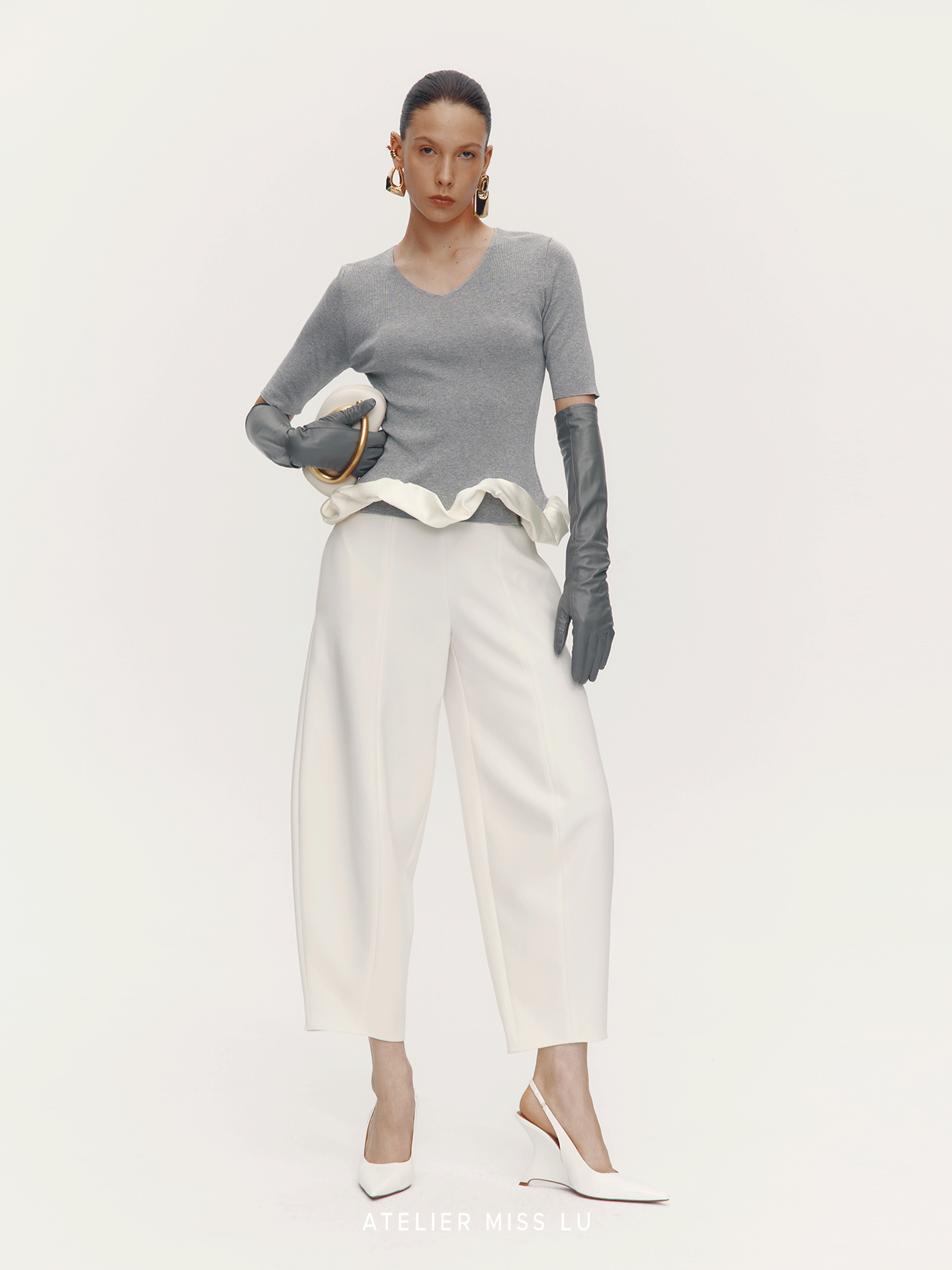 ATELIER MISS LU [Rotating Ballet] Hem Cloud Wrap Paneled V-Neck Knit Top - ZAIN.