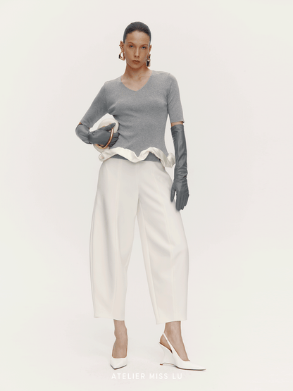 ATELIER MISS LU [Rotating Ballet] Hem Cloud Wrap Paneled V-Neck Knit Top - ZAIN.