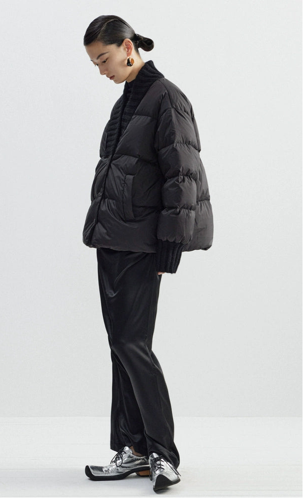 ZHUCHONGYUN black ribbed collar short puffer jacket-FULLBUSTER.