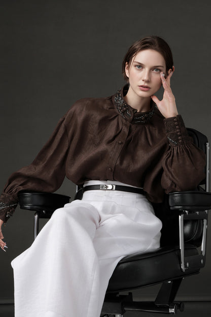 PIAOIN luxury vintage beaded design handmade custom shirt-BEATRICE.