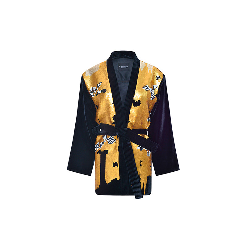 M essential Mackay designer non-jerked velvet tribal totem beaded coat - shut.