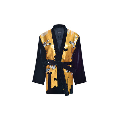 M essential Mackay designer non-jerked velvet tribal totem beaded coat - shut.