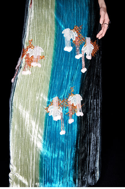 M essential Mackay designer hand-painted tassel embellishment slip dress pant set - Sanui Sala.