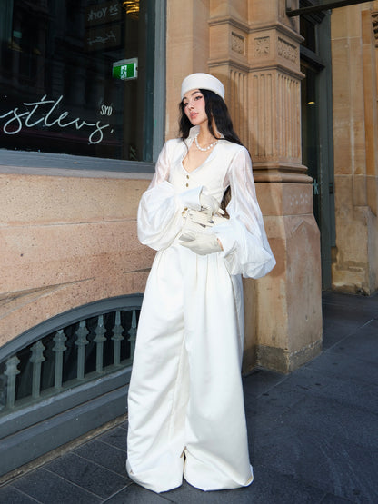 MEI SANGUAN Beige Layered Jacket & Wide-Leg Slacks Suit - YASMIN