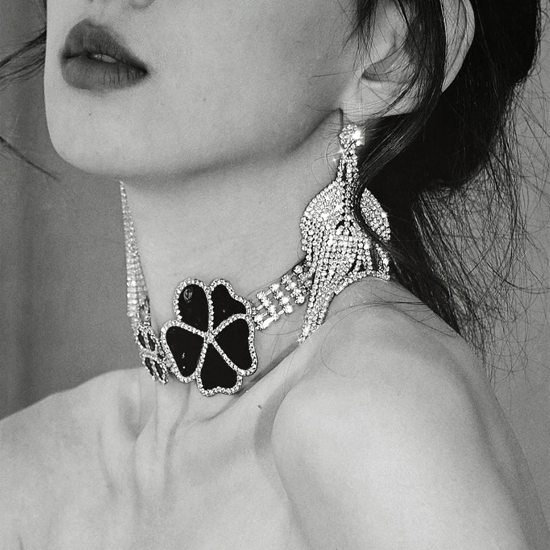 DOLLY Elegant Black Big Flower Diamond Chocker Chic Necklace-AMAL