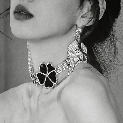 DOLLY Elegant Black Big Flower Diamond Chocker Chic Necklace-AMAL