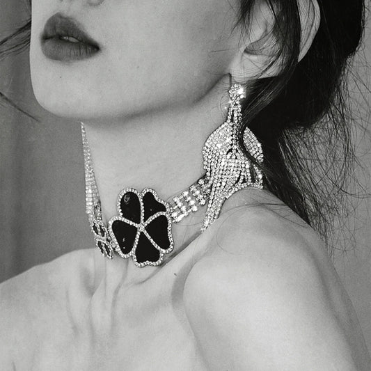 DOLLY Elegant Black Big Flower Diamond Chocker Chic Necklace-AMAL