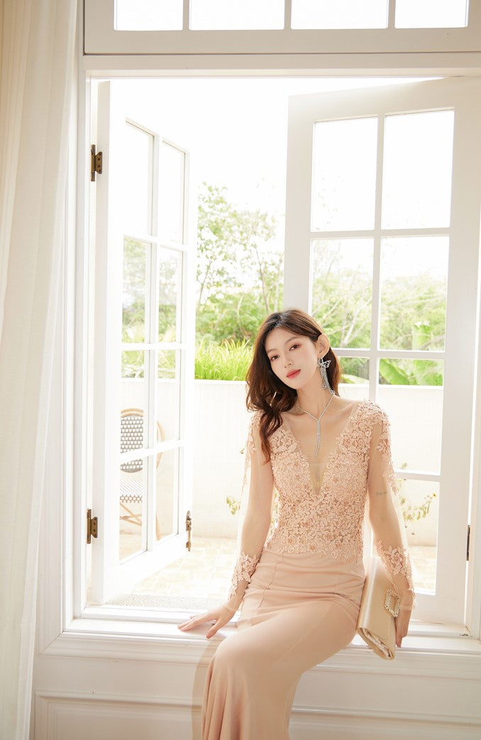 DOLLY Elegant Deep V-Neck Long Sleeve High Waist Long Embroidery Dress-KATYA